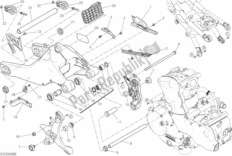 All parts for the Rear Swinging Arm of the Ducati Monster 821 USA 2020